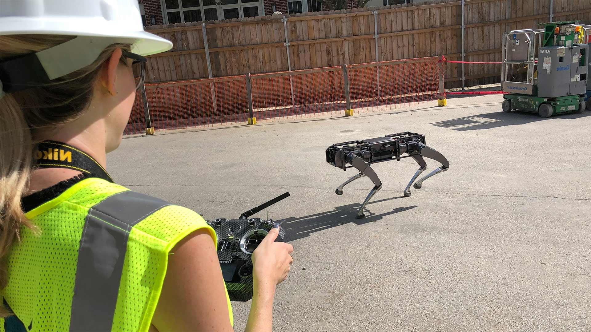 Person remotely driving a robot.