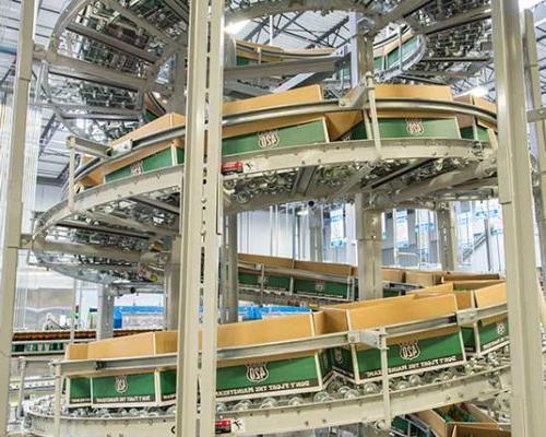 Beer cartons on spiral conveyor